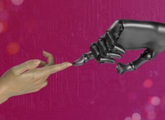 AI hand touching human hand