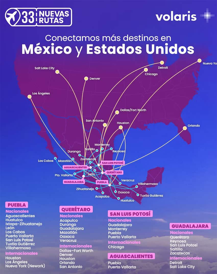 A flight map shows dozens of flights, mostly within Mexico with several to Los Angeles, Dallas and other US cities