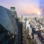 The Mexico City skyline with a skyscraper in the foreground