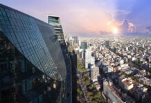 The Mexico City skyline with a skyscraper in the foreground