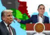 Sheinbaum and Trump placed before a historical map of Mexico's territory