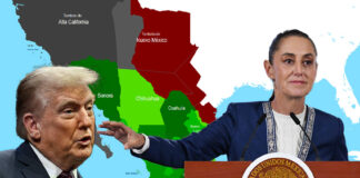 Sheinbaum and Trump placed before a historical map of Mexico's territory