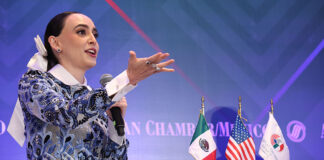 Mexico's Business Advisory Council chief Altagracia Gómez speaks into a microphone