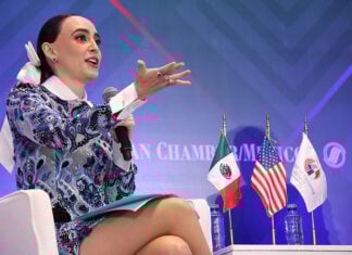 Mexico's Business Advisory Council chief Altagracia Gómez speaks into a microphone