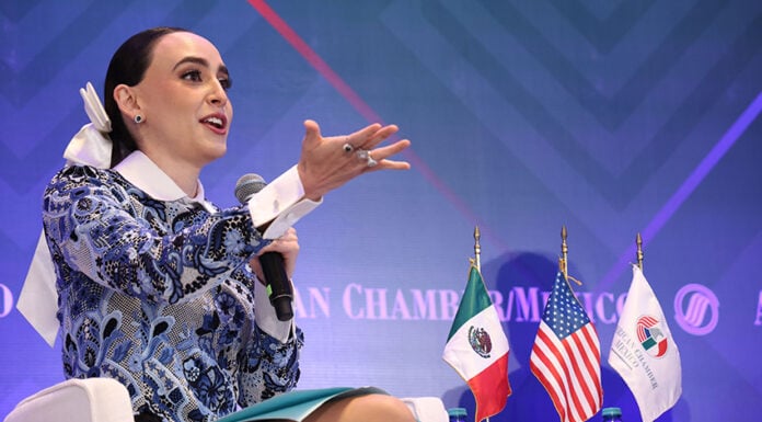 Mexico's Business Advisory Council chief Altagracia Gómez speaks into a microphone