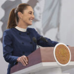 President Sheinbaum at her morning press conference podium