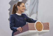 President Sheinbaum at her morning press conference podium