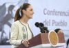 President Sheinbaum at her morning press conference podium