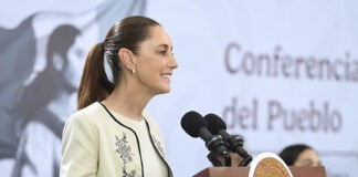 President Sheinbaum at her morning press conference podium