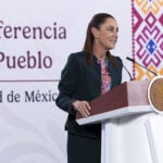 President Sheinbaum at the podium of her morning press conference
