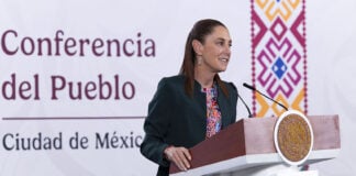 President Sheinbaum at the podium of her morning press conference