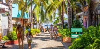 Tourists stroll beneath palm trees on the streets of Sayulita, Mexico