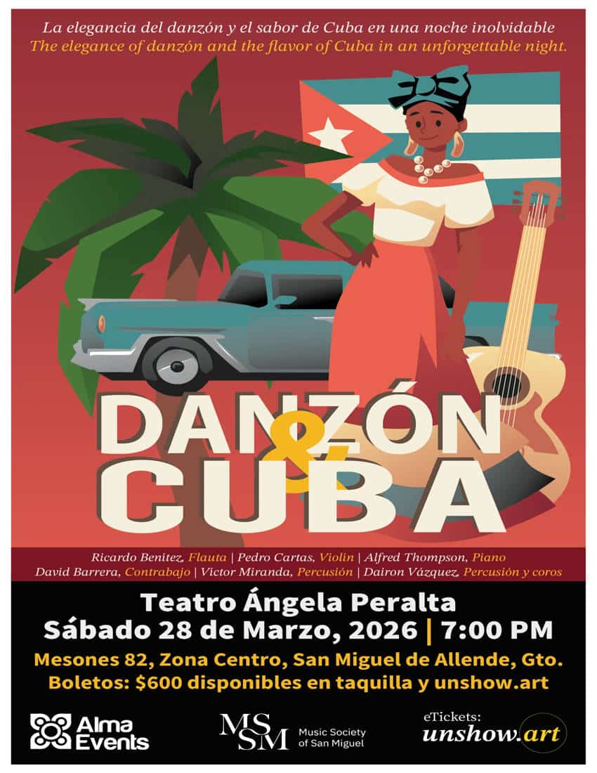 Event poster for the "Danzón & Cuba" concert at Teatro Ángela Peralta. The artwork shows a woman in traditional dress, a classic car, and a guitar.
