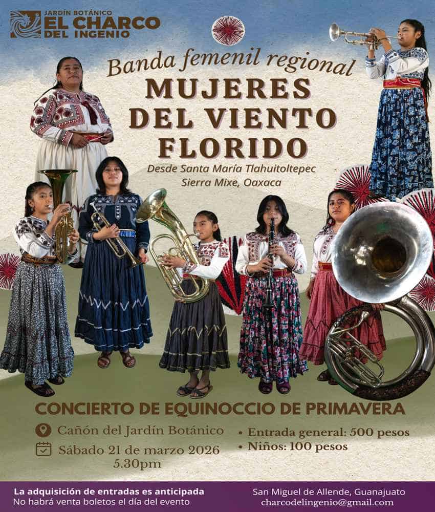 Event poster for a Spring Equinox concert featuring the all-female Oaxacan band Mujeres del Viento Florido at El Charco del Ingenio