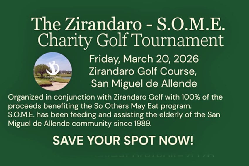 Promotional graphic for a fundraiser organized by Zirandaro Golf and the So Others May Eat (S.O.M.E.) program, inviting golfers to participate in one of the seasonal San Miguel events that benefits the city's elderly residents.