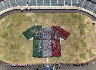 aerial view of a giant human-formed soccer jersey