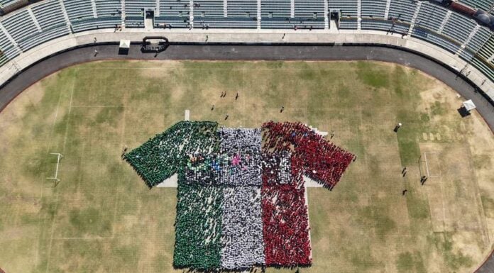 aerial view of a giant human-formed soccer jersey