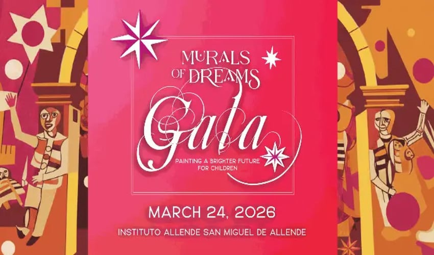 Promotional flyer for the Murals of Dreams Gala on March 24, 2026, benefitting Feed the Hungry SMA. The pink digital flyer has a bacground of modernist abstract art of human figures dressed in traditional Mexican garb with sarapes and straw hats.