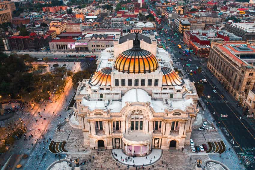 Aerial view of the Palacio Bellas Artes in Mexico City with the skyline of the city in the background