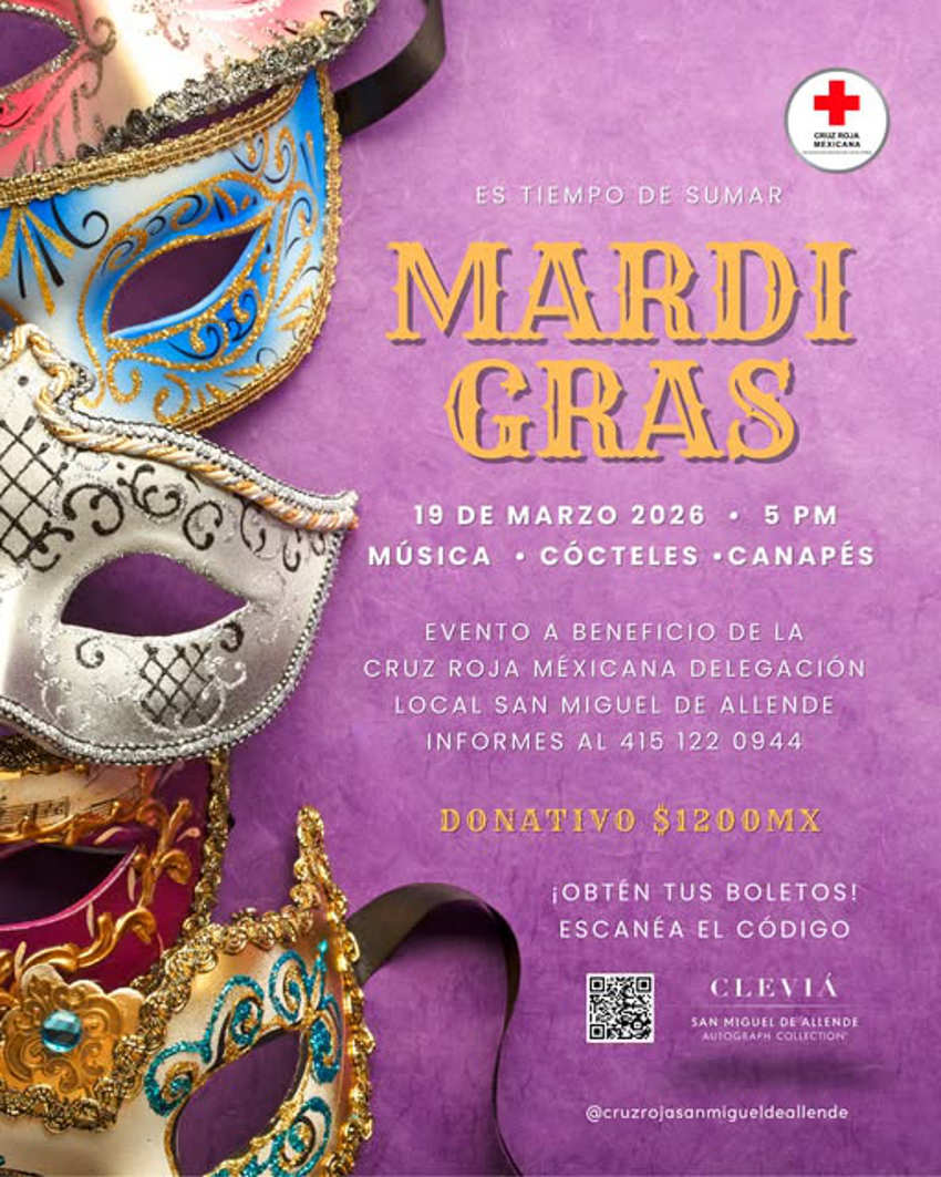 Digital poster with purple background showing an assortment of masquerade-ball-type decorated face masks that cover the eyes and nose. The poster advertises information in Spanish a "Mardi Gras" benefit event for the nonprofit Red Cross of Mexico organization., including date and time, activities and cost.