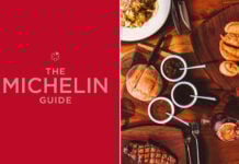 An image of the Michelin Guide logo next to a spread of food on a restaurant table