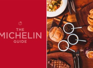 An image of the Michelin Guide logo next to a spread of food on a restaurant table