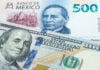 A 100-US dollar bill and a 500-Mexican peso bill