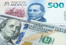 A 100-US dollar bill and a 500-Mexican peso bill