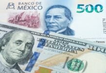 500 Mexican peso and US 100 dollar banknotes. International trade concept