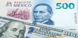 500 Mexican peso and US 100 dollar banknotes. International trade concept