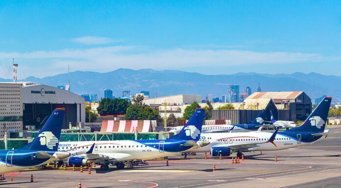 Aeromexico planes line up at Mexico City International Airport (AICM)
