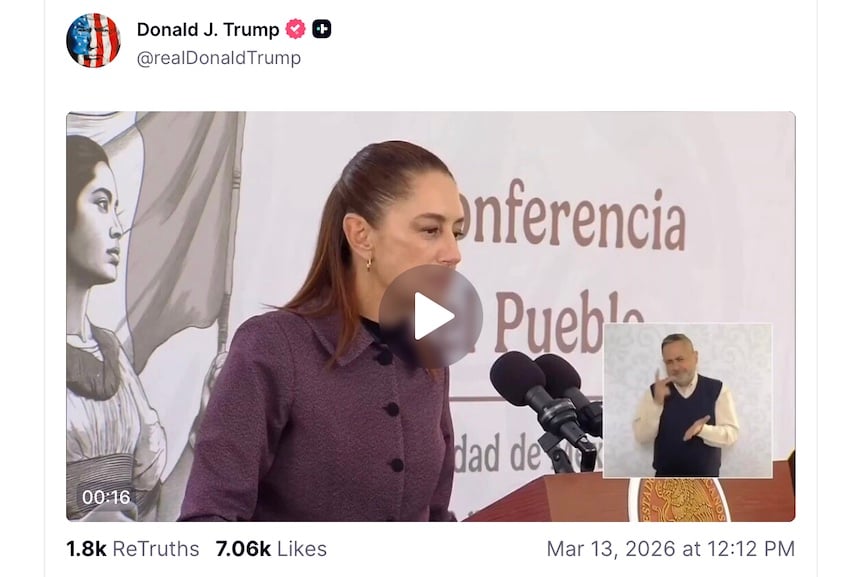 U.S. President Trump, without further comment, shared a clip on Friday of Sheinbaum saying that Mexico will continue to reject the deployment of the U.S. military in Mexico to combat cartels. 