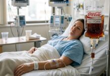 A woman with an IV of coca cola