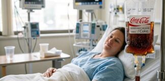 A woman with an IV of coca cola