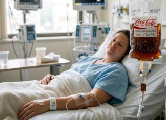 A woman with an IV of coca cola