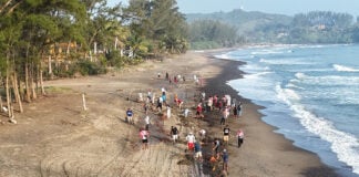 Volunteers clean tar from a Veracruz beach