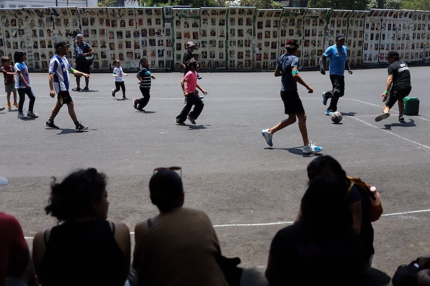 Members of several search groups on Sunday organized pick-up soccer matches at the Glorieta of the Disappeared on the iconic Paseo de la Reforma avenue in Mexico City. 