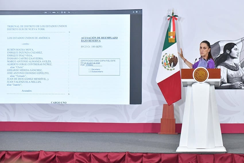 Sheinbuam shares a screen showing the U.S. indictment against Rocha Moya at her Thursday press conference.