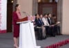 Sheinbaum at podium April 7, 2026