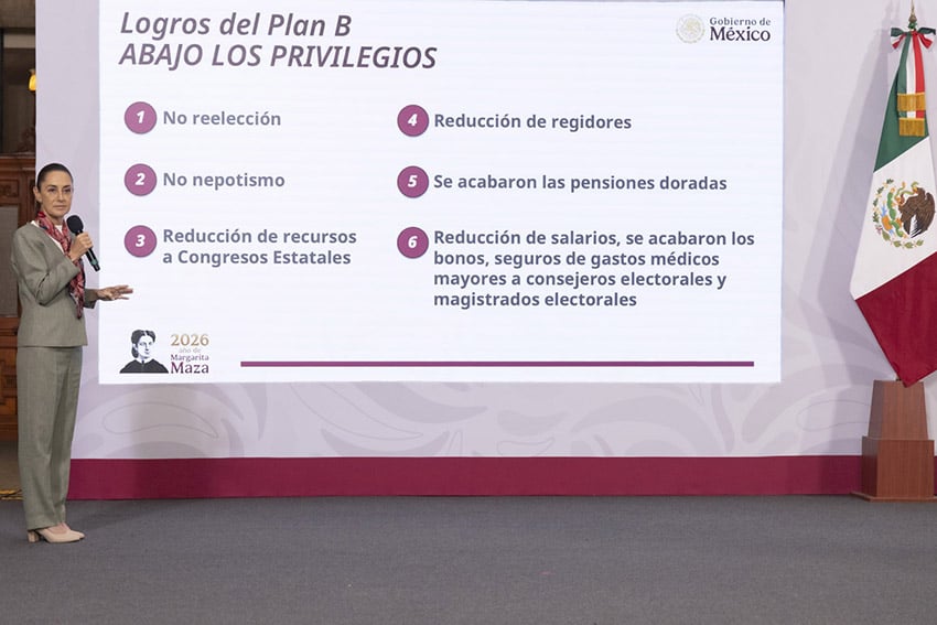 President Sheinbaum shares a slide labeled "Logros del Plan B: ABAJO LOS PRIVILEGIOS"