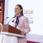 President Claudia Sheinbaum at the podium of her morning press conference