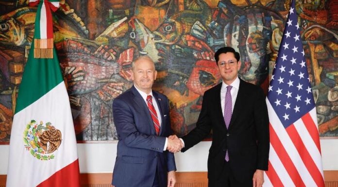 Ambassador Johnson shaking hands with Foreign Affairs Minister of Mexico Roberto Velasco