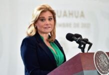 María Eugenia Campos, gobernadora constitucional de Chihuahua, durante la mañanera en esta ciudad fronteriza.