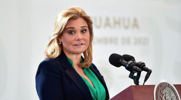 María Eugenia Campos, gobernadora constitucional de Chihuahua, durante la mañanera en esta ciudad fronteriza.