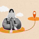 A digital illustration shows a nervous teen girl sitting on a bean bag and an dotted line to a far-off destination
