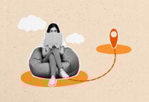 A digital illustration shows a nervous teen girl sitting on a bean bag and an dotted line to a far-off destination