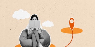A digital illustration shows a nervous teen girl sitting on a bean bag and an dotted line to a far-off destination