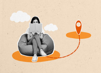 A digital illustration shows a nervous teen girl sitting on a bean bag and an dotted line to a far-off destination
