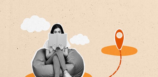 A digital illustration shows a nervous teen girl sitting on a bean bag and an dotted line to a far-off destination
