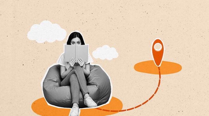 A digital illustration shows a nervous teen girl sitting on a bean bag and an dotted line to a far-off destination